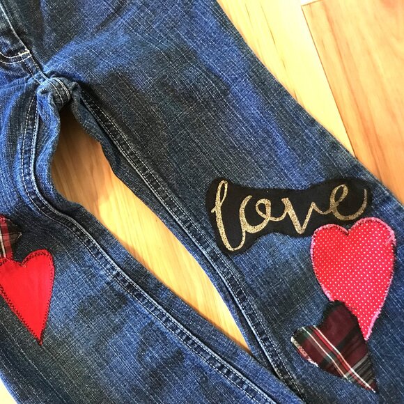 Upcycled Patchwork Jeans, Child's Size 5: Handmade Heart Patches Front and Back - Picture 9 of 16